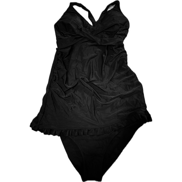 Black 2XL Tankini Swimsuit Set Plus Size Ruched Ruffle Trim Halter Neck - Picture 1 of 12